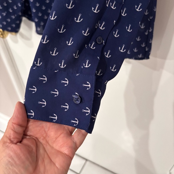 Express Portofino Blue Button Down Shirt Semi Sheer Nautical Anchor Size Large - Picture 8 of 10